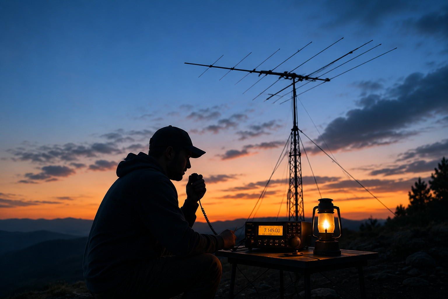 Amateur radio operator at sunset